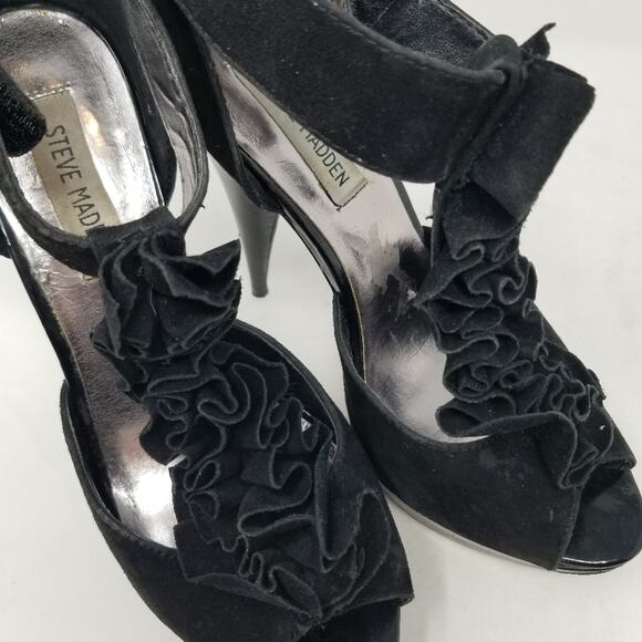 Steve Madden Black Suede Leather Ruffle Platform Heels Size 9 - Picture 2 of 13